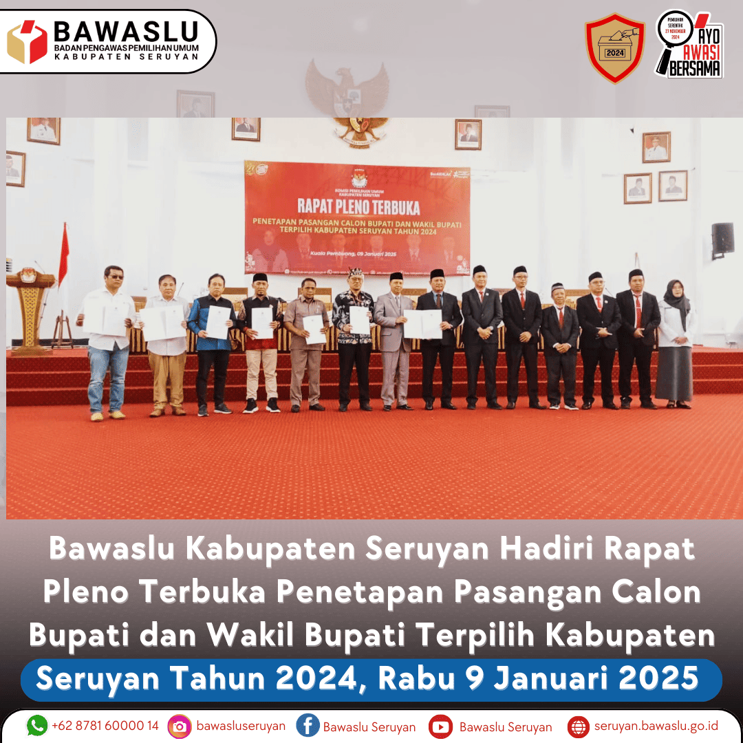 Bawaslu Kabupaten Seruyan Hadiri Rapat Pleno Terbuka Penetapan Pasangan Calon Bupati dan Wakil Bupati Terpilih Kabupaten Seruyan Tahun 2024