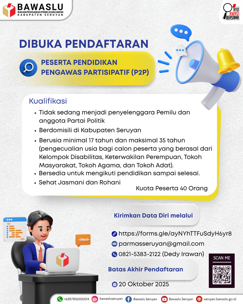 Bawaslu Kabupaten Seruyan Buka Pendaftaran Peserta Pendidikan Pengawas Partisipatif (P2P)
