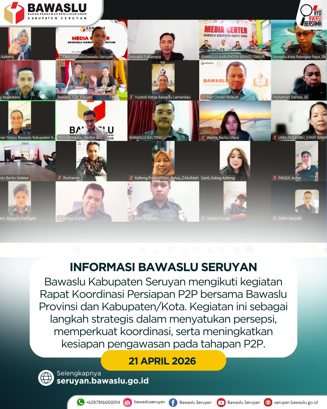 Bawaslu Kabupaten Seruyan Ikuti Rapat Koordinasi Persiapan P2P bersama Bawaslu Provinsi dan Kabupaten/Kota