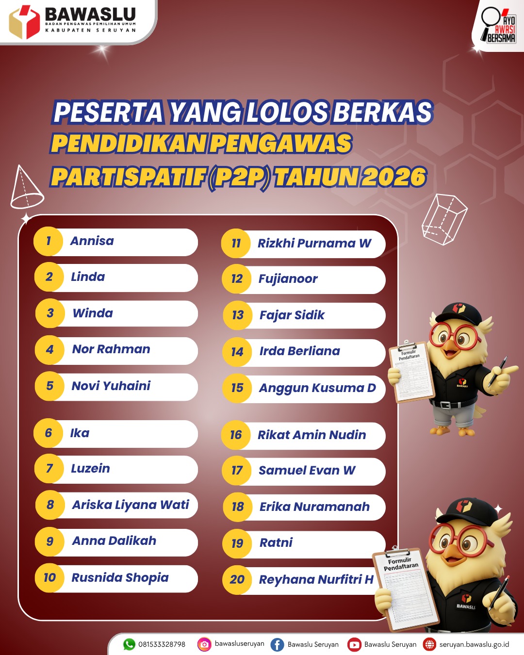 Bawaslu Kabupaten Seruyan Umumkan Peserta Lolos Berkas Pendidikan Pengawas Partisipatif (P2P) Tahun 2026