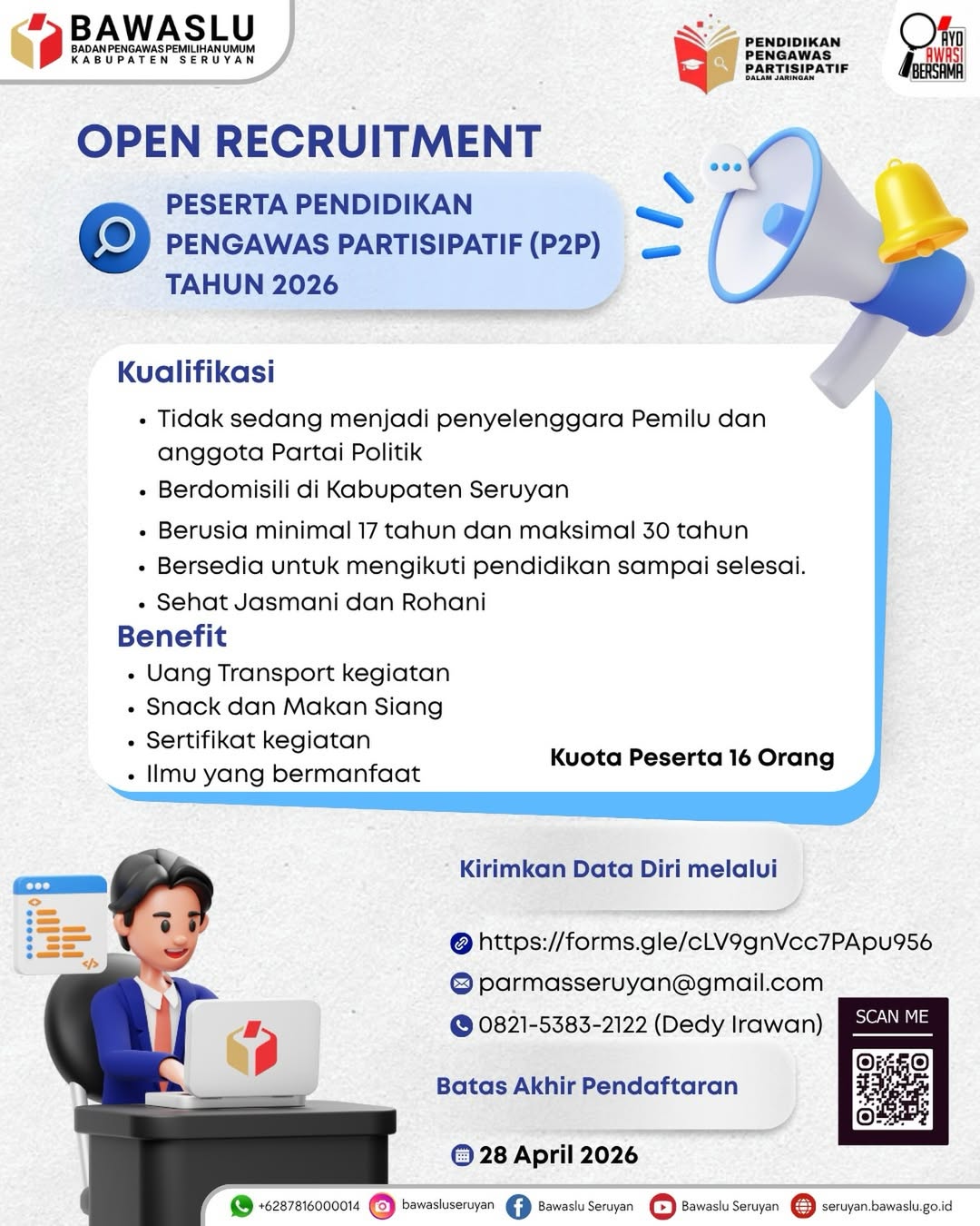 Bawaslu Kabupaten Seruyan Buka Open Recruitment Pendidikan Pengawas Partisipatif (P2P) Tahun 2026