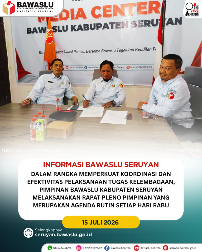 Bawaslu Kabupaten Seruyan Gelar Rapat Pleno Pimpinan Bahas Penguatan Koordinasi dan Evaluasi Kinerja Kelembagaan