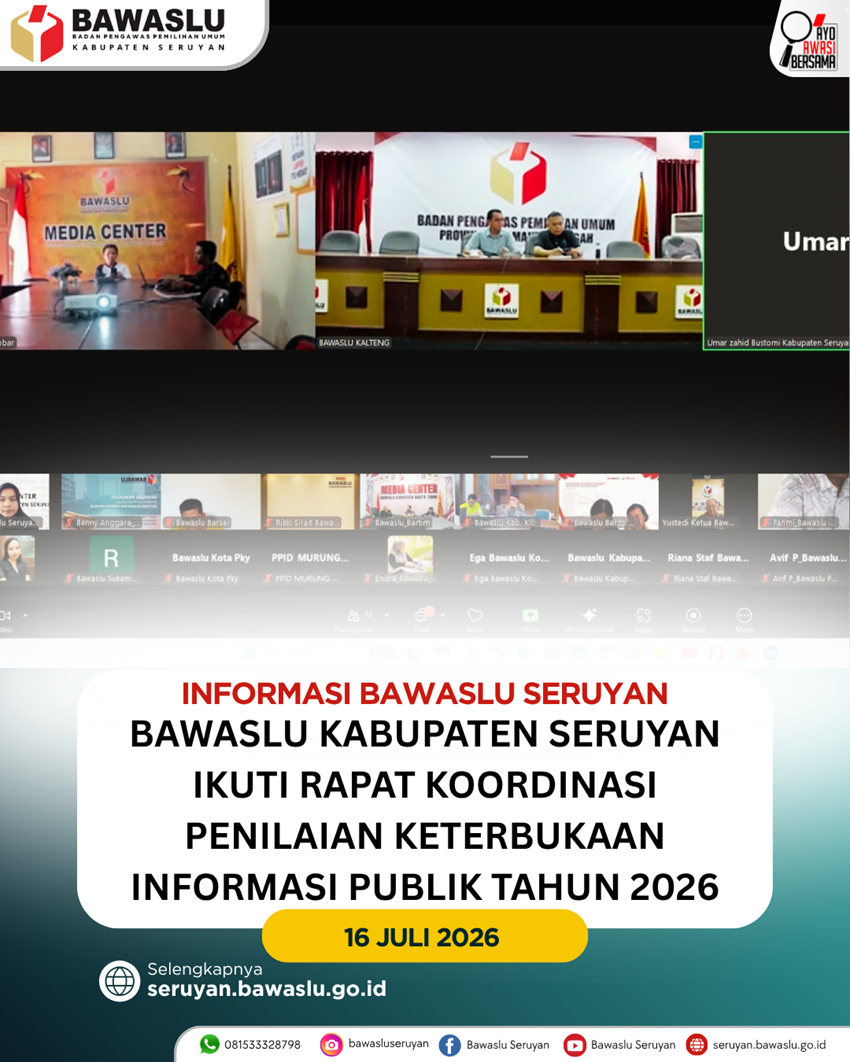 Bawaslu Kabupaten Seruyan Ikuti Rapat Koordinasi Penilaian Keterbukaan Informasi Publik Tahun 2026 Bersama Bawaslu Provinsi Kalimantan Tengah