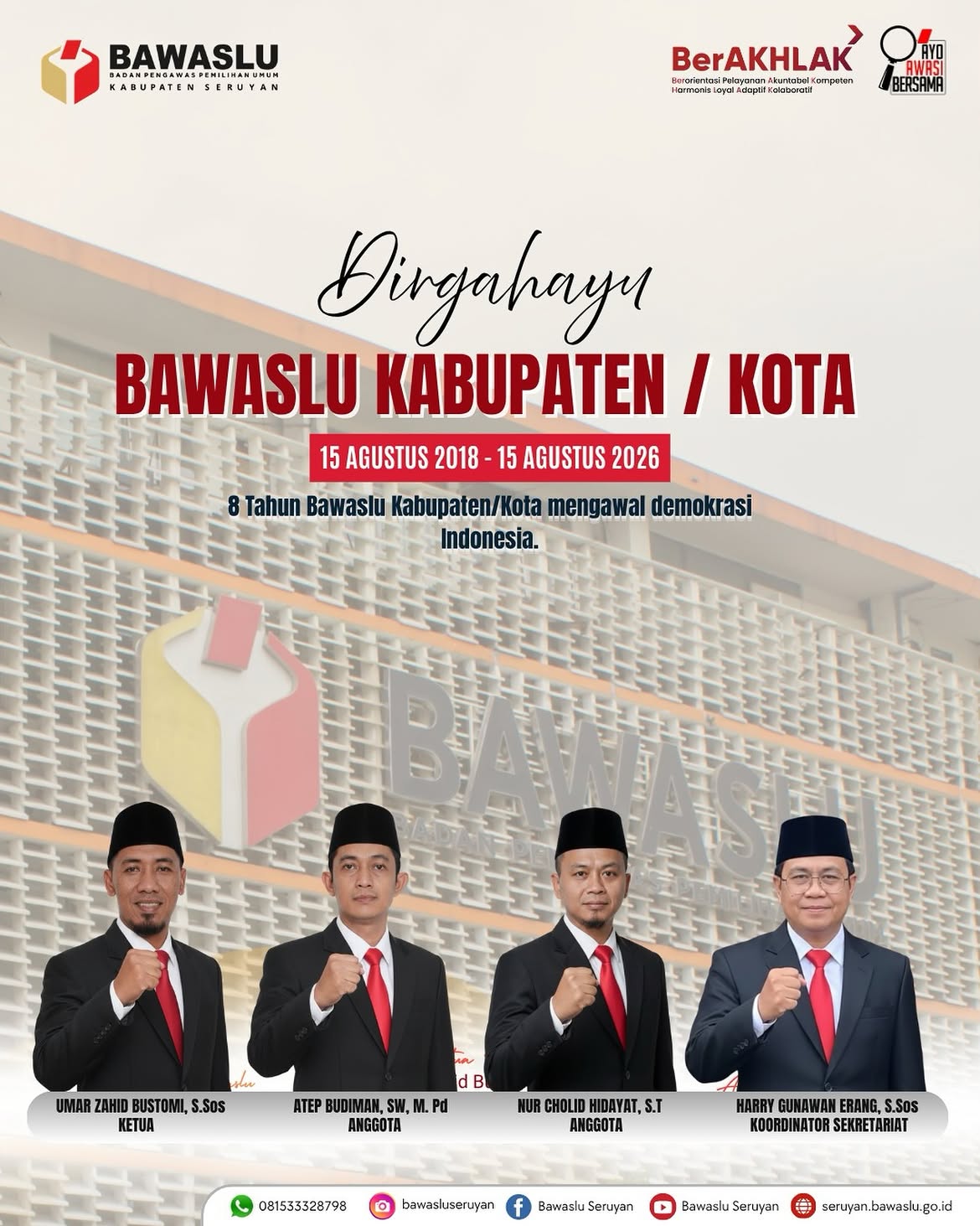 8 Tahun Mengawal Demokrasi, Dirgahayu Bawaslu Kabupaten/Kota Se Indonesia 