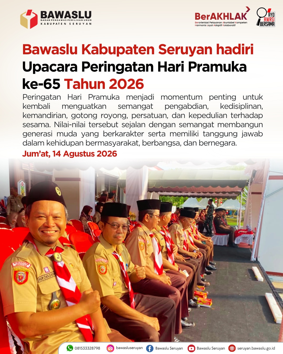 Bawaslu Kabupaten Seruyan Hadiri Upacara Hari Pramuka Ke-65 Tahun 2026