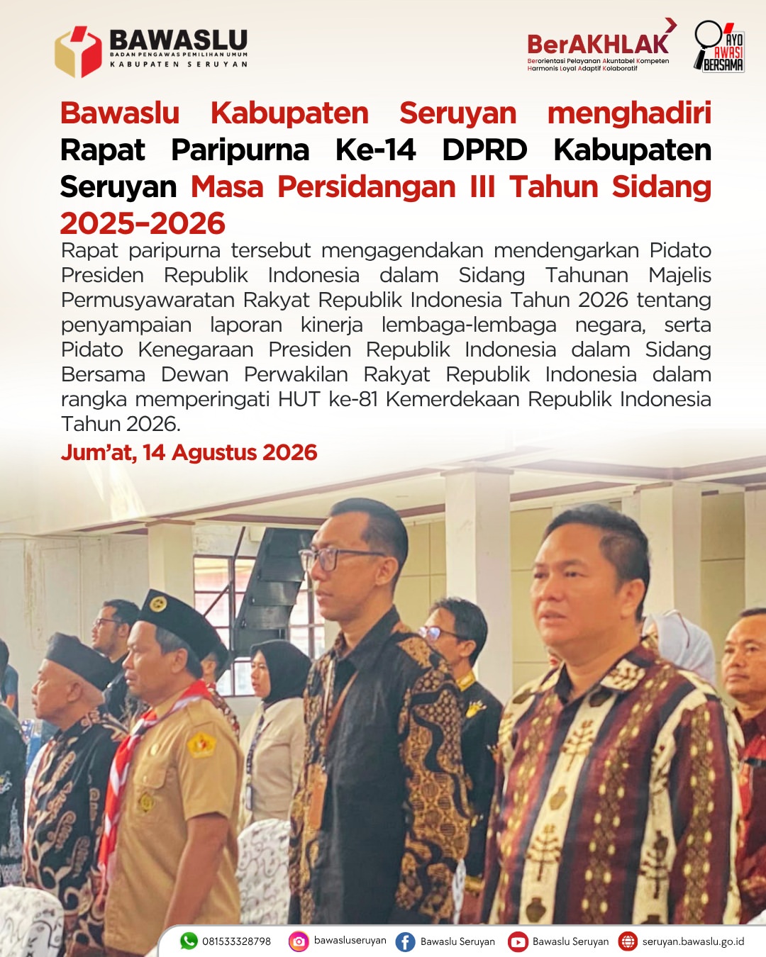 Bawaslu Kabupaten Seruyan Hadiri Rapat Paripurna Ke-14 DPRD Kabupaten Seruyan