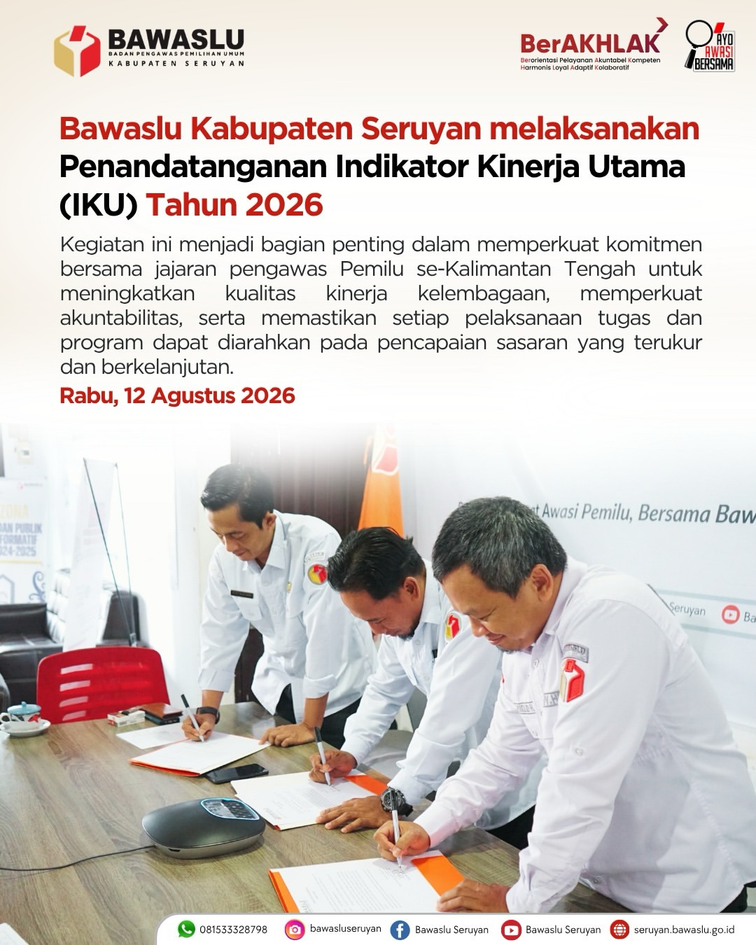 Bawaslu Kabupaten Seruyan Ikuti Penandatanganan Indikator Kinerja Utama (IKU) Tahun 2026
