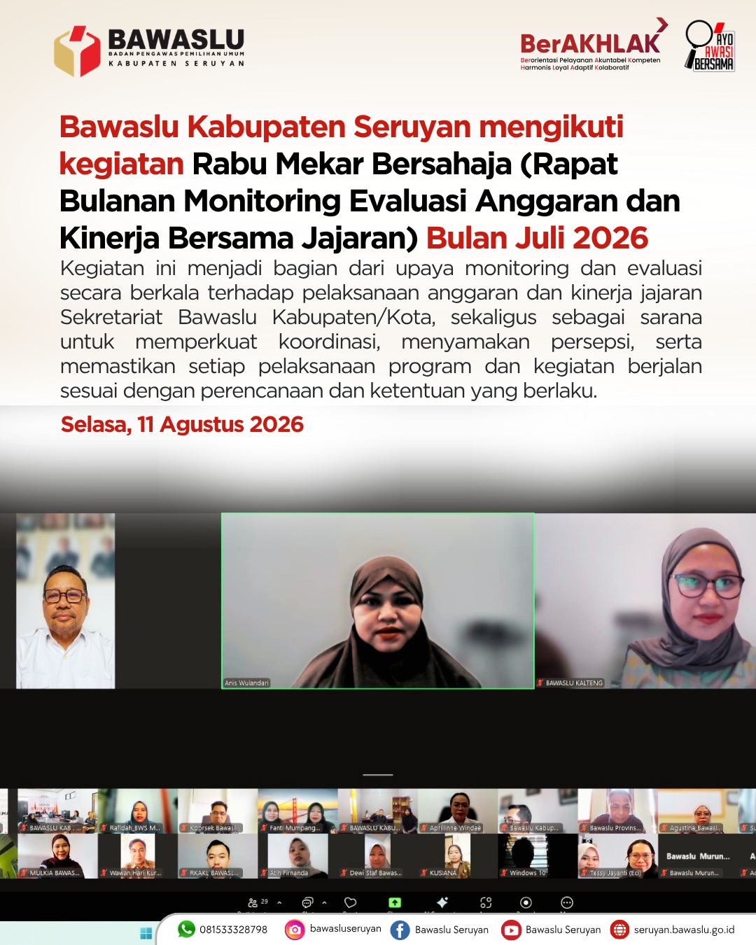 Bawaslu Kabupaten Seruyan Ikuti Rapat Bulanan Monitoring dan Evaluasi Anggaran Serta Kinerja