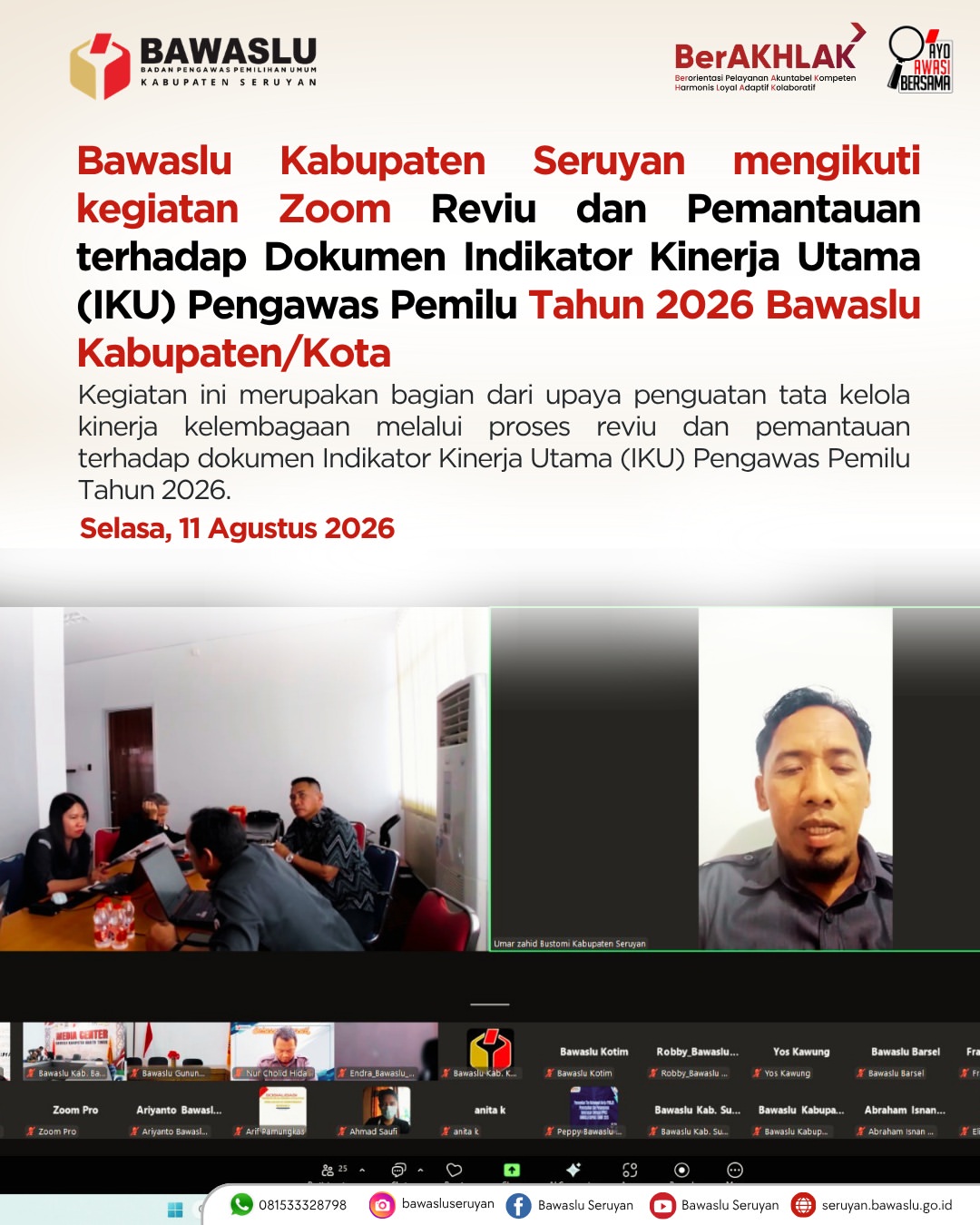 Bawaslu Kabupaten Seruyan Ikuti Zoom Reviu dan Pemantauan Indikator Kinerja Utama Tahun 2026